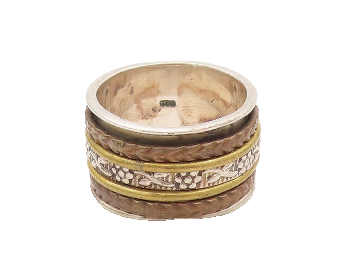 925 Sterling Silver Vintage Ring Solid Floral Carved Spiner Rings Sz 7  RG27889