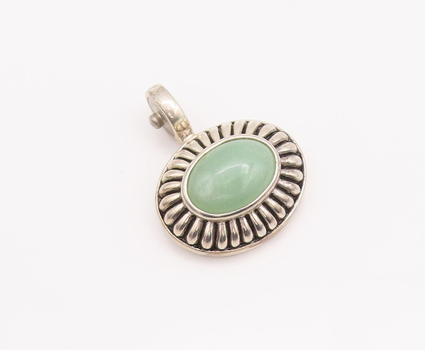 925 Sterling Silver Vintage Pendant ESPO Domed Oval Green Agate Etched  PT23252