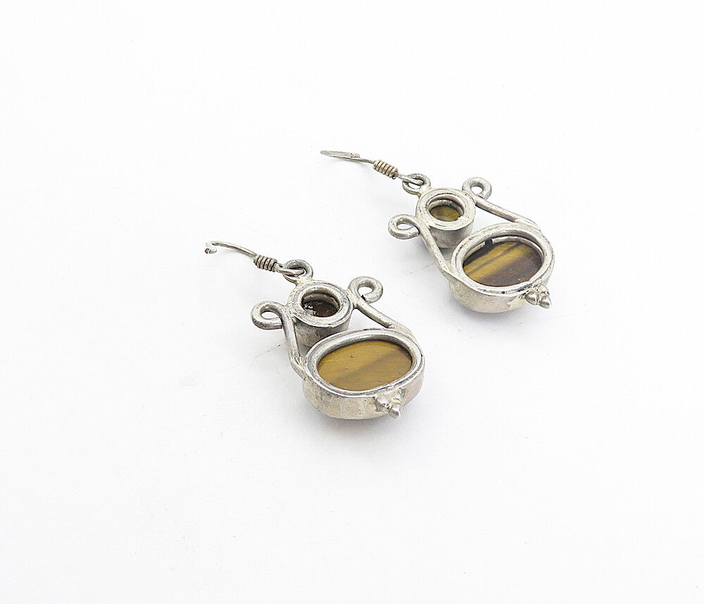 925 Sterling Silver  Vintage Faceted Tiger's Eye Swirl Dangle Earrings  EG3699