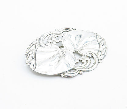 925 Sterling Silver  Vintage Shiny Love Heart Floral Leaf Brooch Pin  BP2535