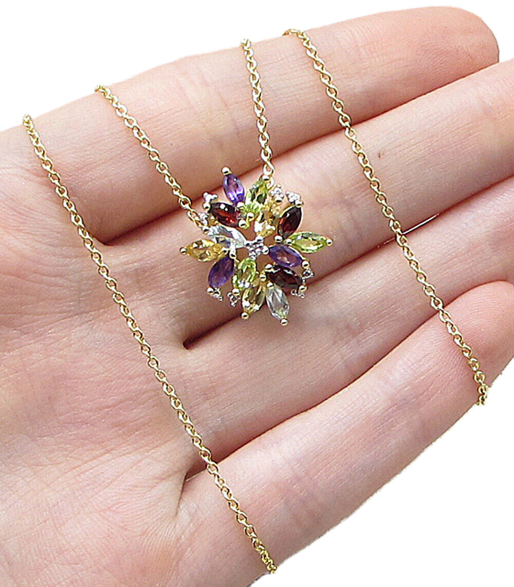 Gold Over 925 Silver  Multi Gemstones & Genuine Diamond Pendant & Chain PT1335