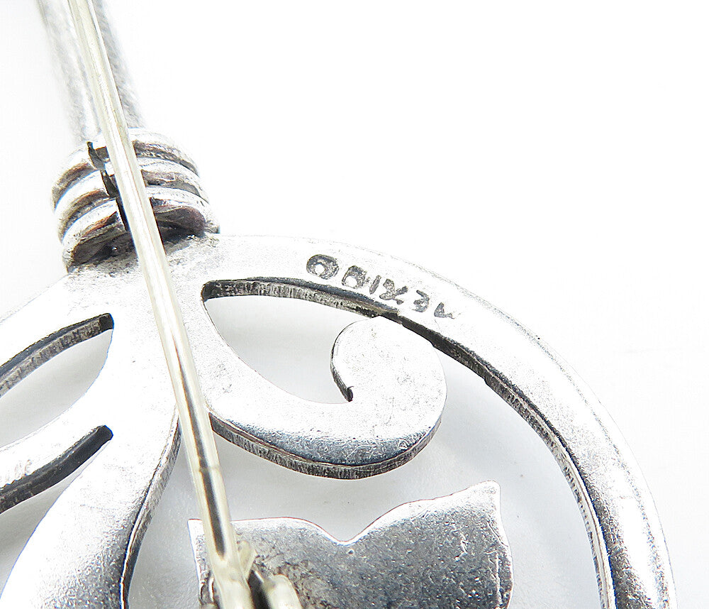 MEXICO 925 Sterling Silver  Vintage Floral Swirl Key Motif Brooch Pin  BP1321