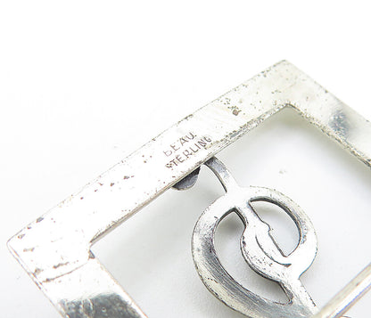 BEAU 925 Sterling Silver  Vintage Treble Clef Music Square Brooch Pin  BP2173