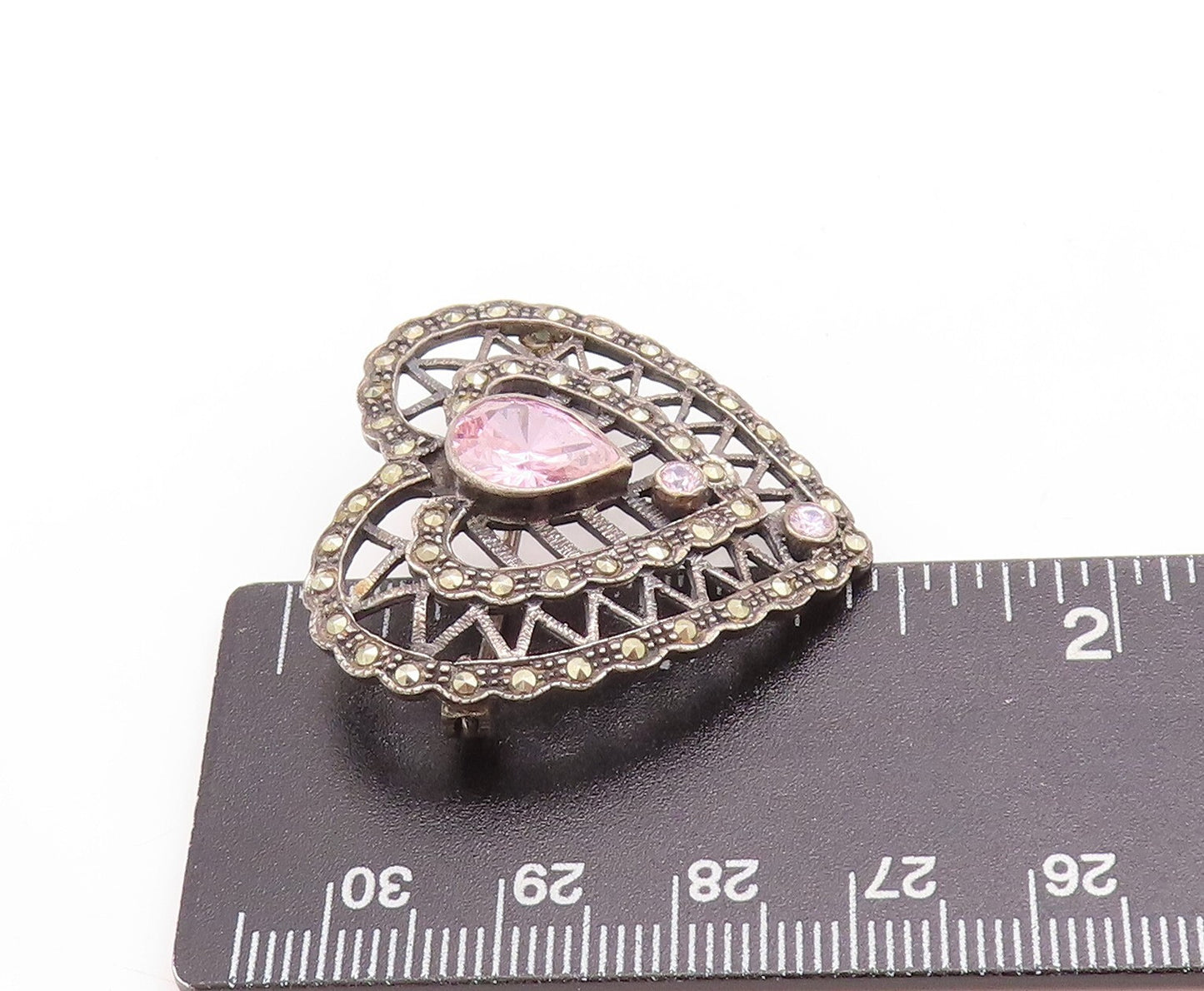 925 Sterling Silver Vintage Brooch Pin Dark Tone Designer Cut CZ Heart  BP11420