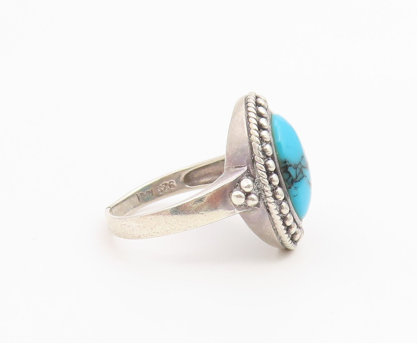 925 Sterling Silver Vintage Ring Turquoise Halo Beaded Edge Band  Sz 7  RG36728