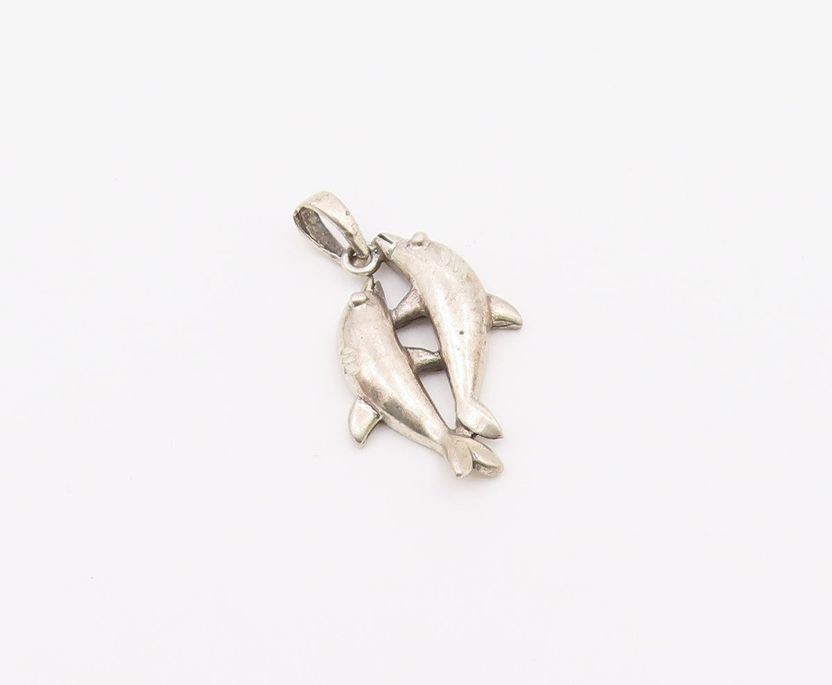 925 Sterling Silver  Vintage Diamond Cut Detail Dolphins Pendant  PT16503