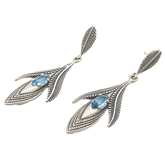 CAROLYN POLLACK 925 Silver  Vintage Blue Topaz Floral Dangle Earrings  EG9128