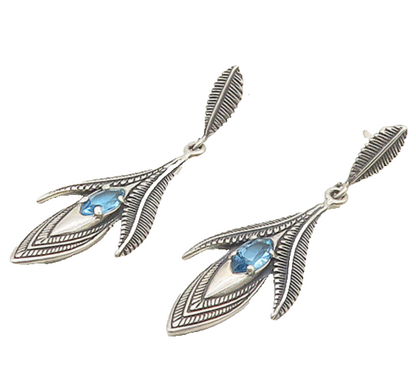 CAROLYN POLLACK 925 Silver  Vintage Blue Topaz Floral Dangle Earrings  EG9128