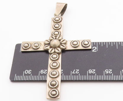 925 Sterling Silver Vintage Pendant MEXICO Solid Floral Carved Cross PT24613