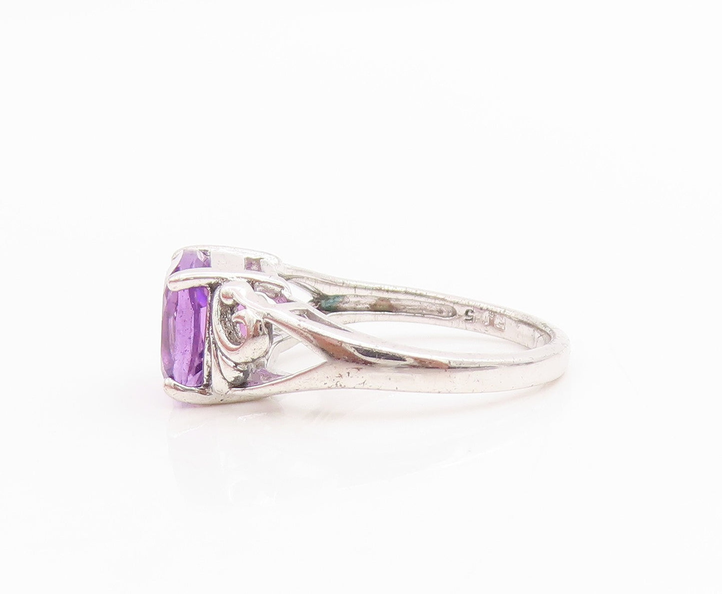 925 Sterling Silver Vintage Ring Square Shape Amethyst Floral Band Sz 5 RG33790