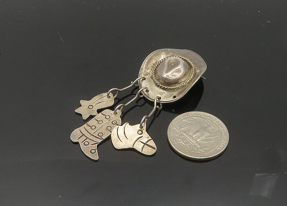 MEXICO 925 Sterling Silver  Vintage Charmed Cowboy Hat Brooch Pin  BP7962