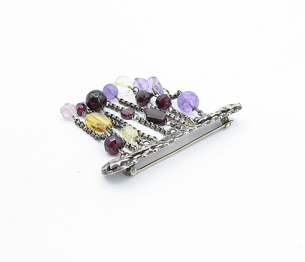 925 Sterling Silver  Vintage Dangling Amethyst & Topaz  Brooch Pin  BP1767