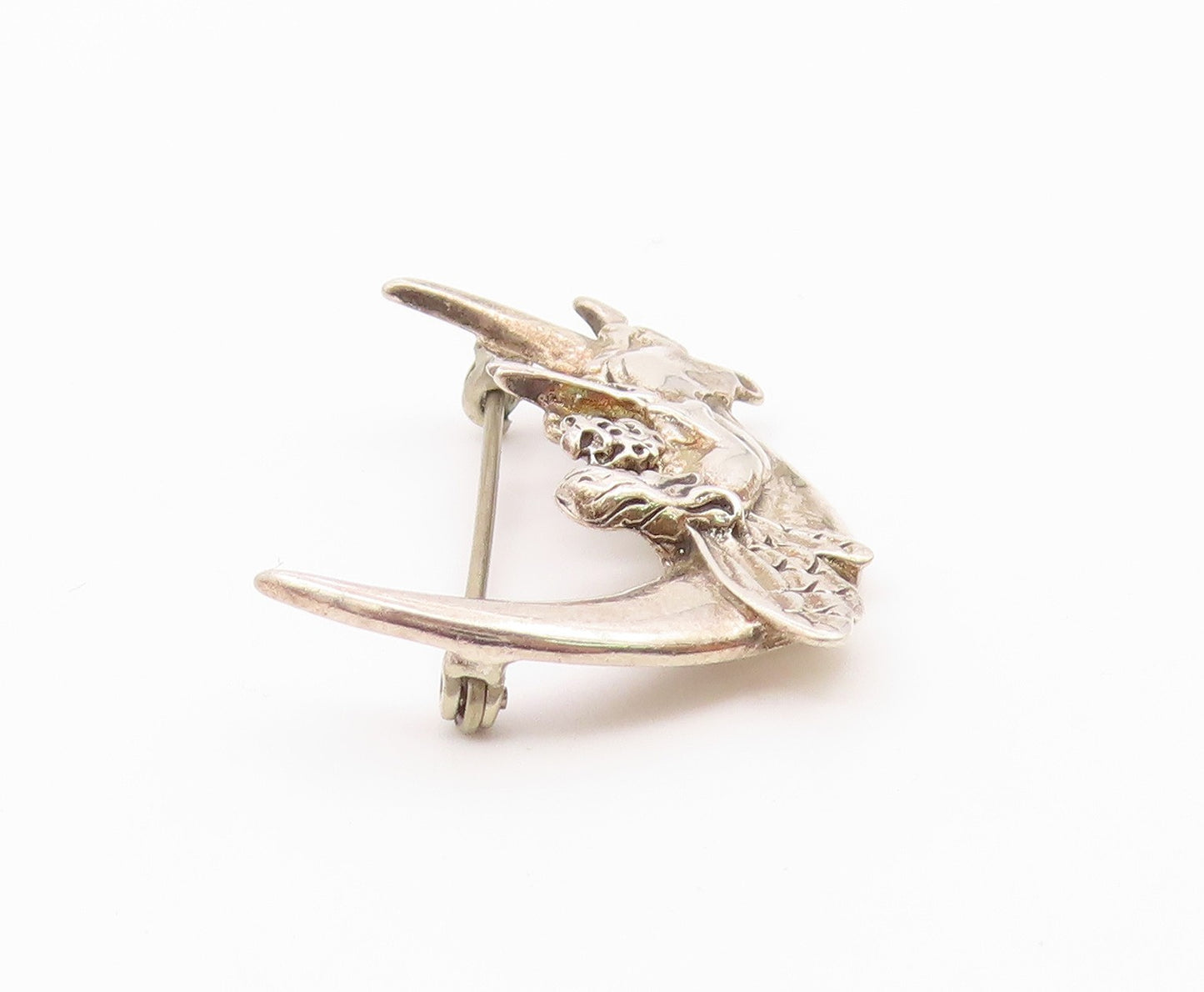 JEZ 925 Silver  Vintage Crescent Moon Fairy Lady Reading Brooch Pin  BP8207