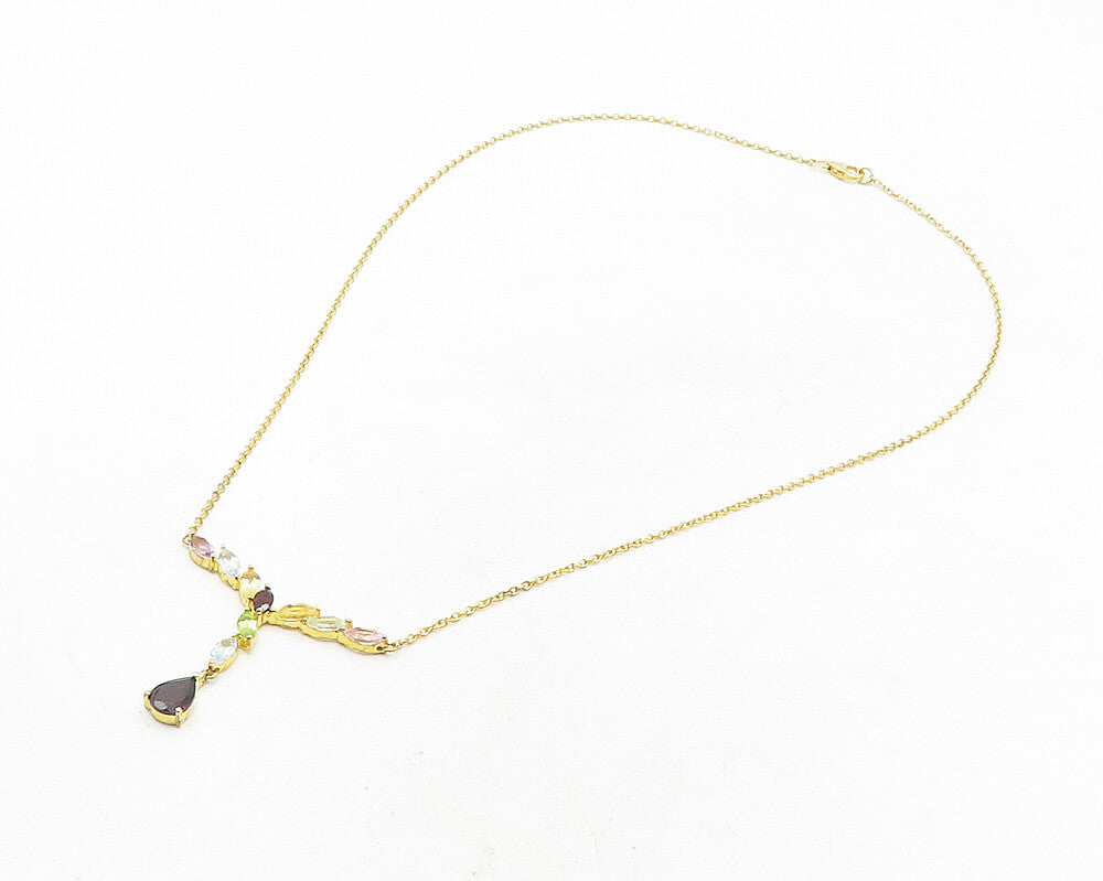 925 Sterling Silver Garnet & Multi Stone Gold Plated Chain Necklace NE1944