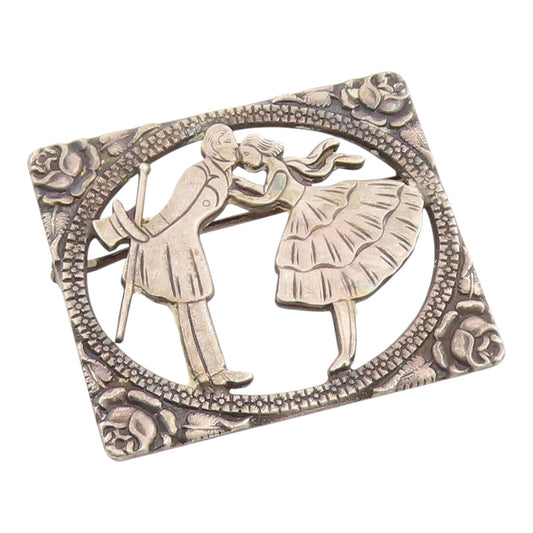925 Sterling Silver Vintage Brooch Pin Floral Framed Kissing Couple  BP12458