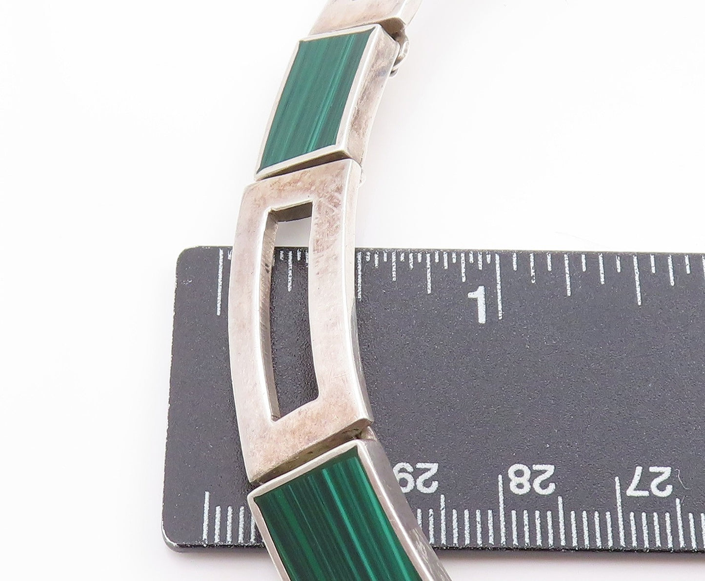 925 Sterling Silver Vintage Necklace MEXICO Malachite Geometric Collar  NE4648