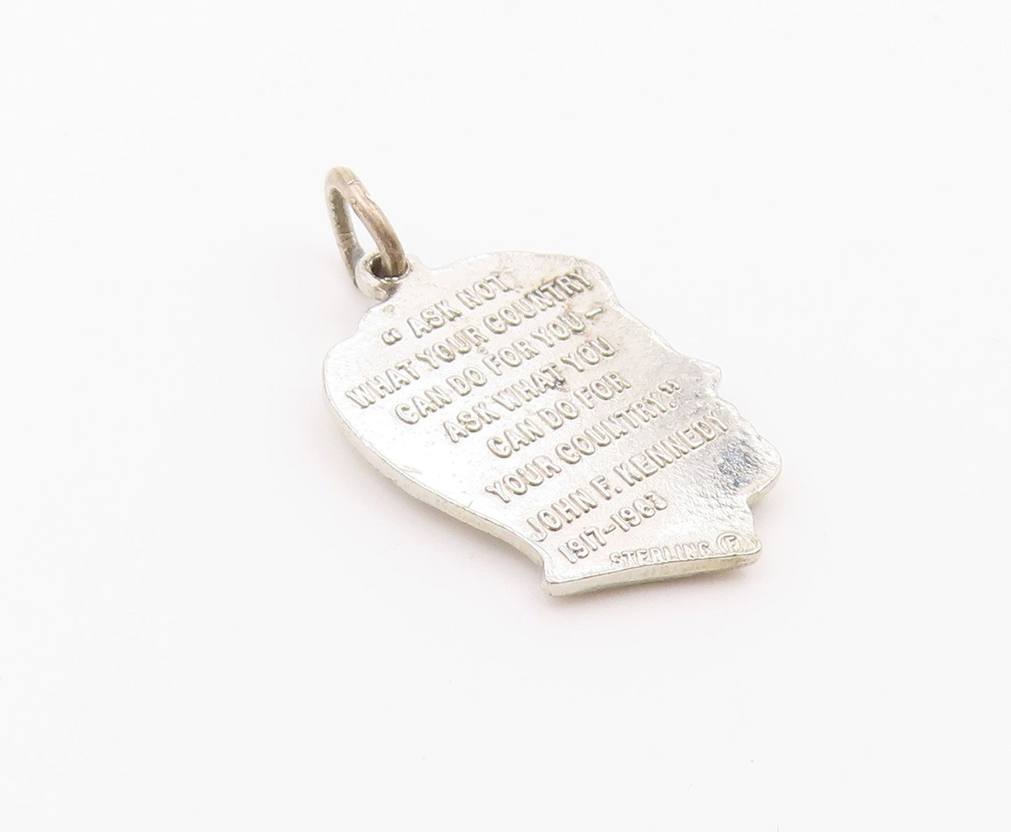 925 Sterling Silver  Vintage John F Kennedy Head With Quote Pendant  PT20462