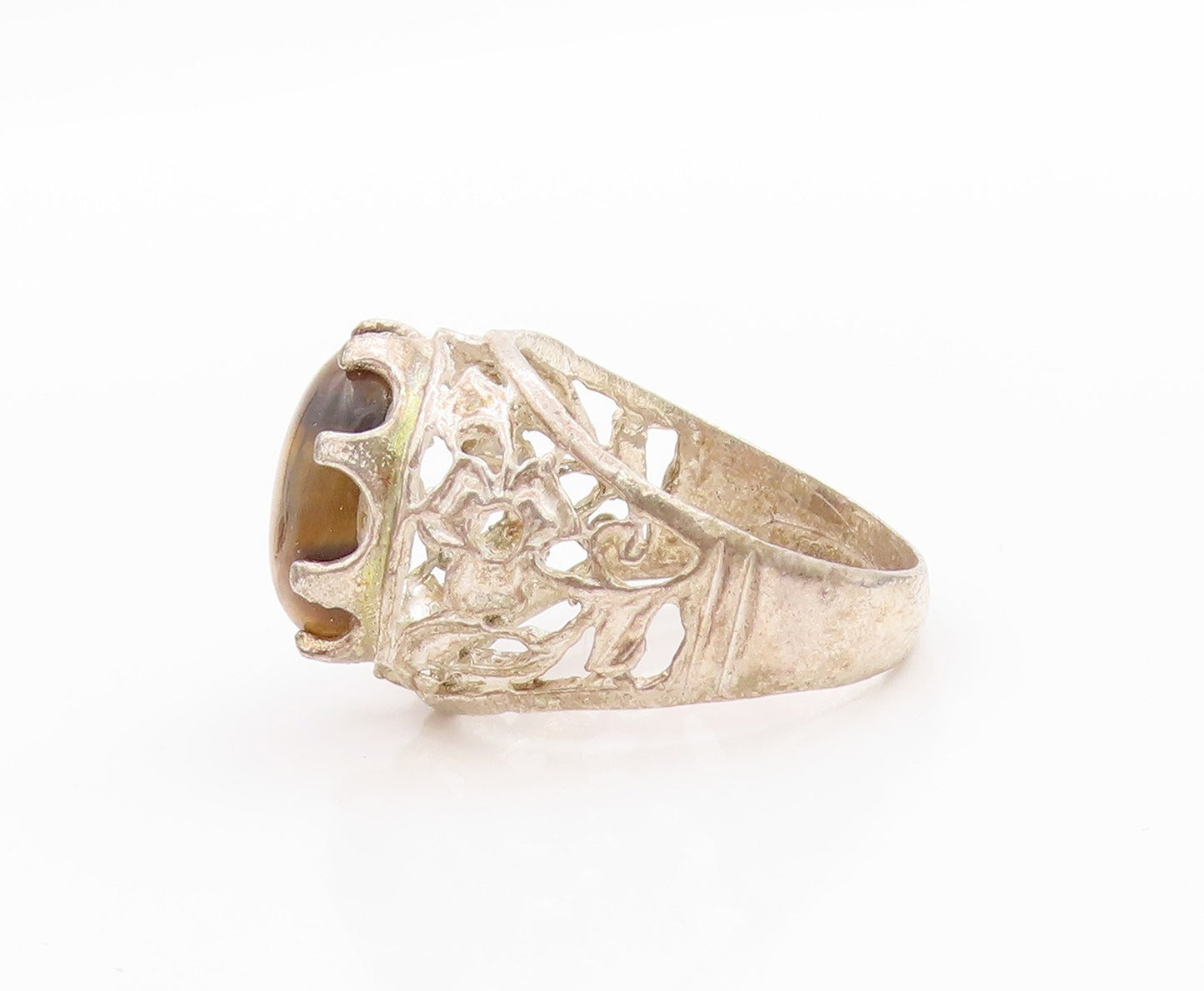 925 Sterling Silver Vintage Ring Floral Cutout Oval Tiger's Eye  Sz 11  RG33334