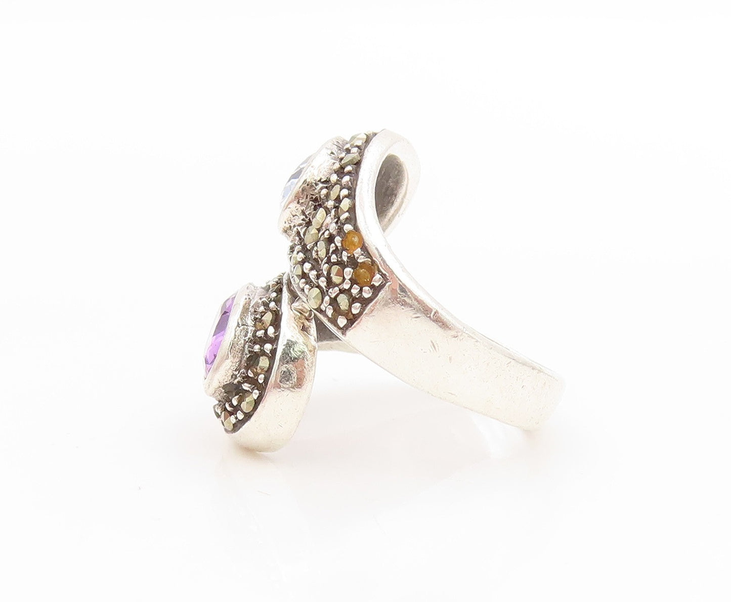 925 Sterling Silver Vintage Ring Amethyst & Blue Topaz Band  Sz 5.5  RG34120