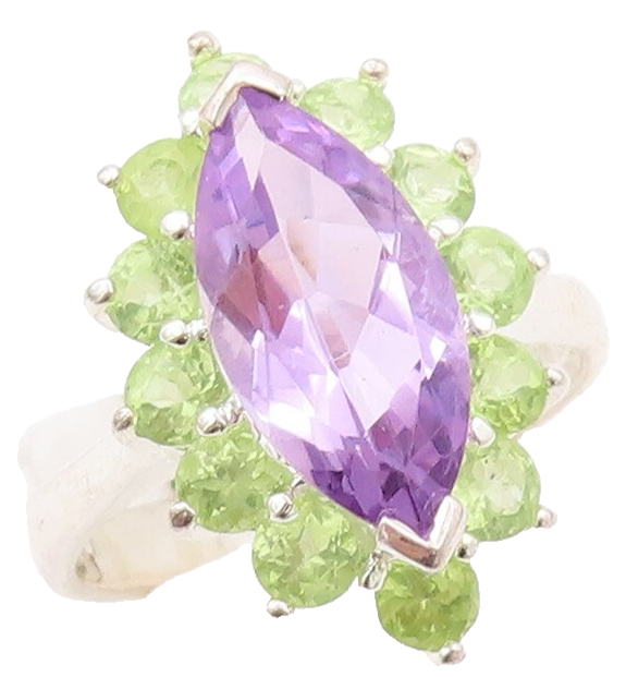 925 Sterling Silver Vintage Ring Marquise Cut Amethyst Halo Peridot Sz 7 RG31120