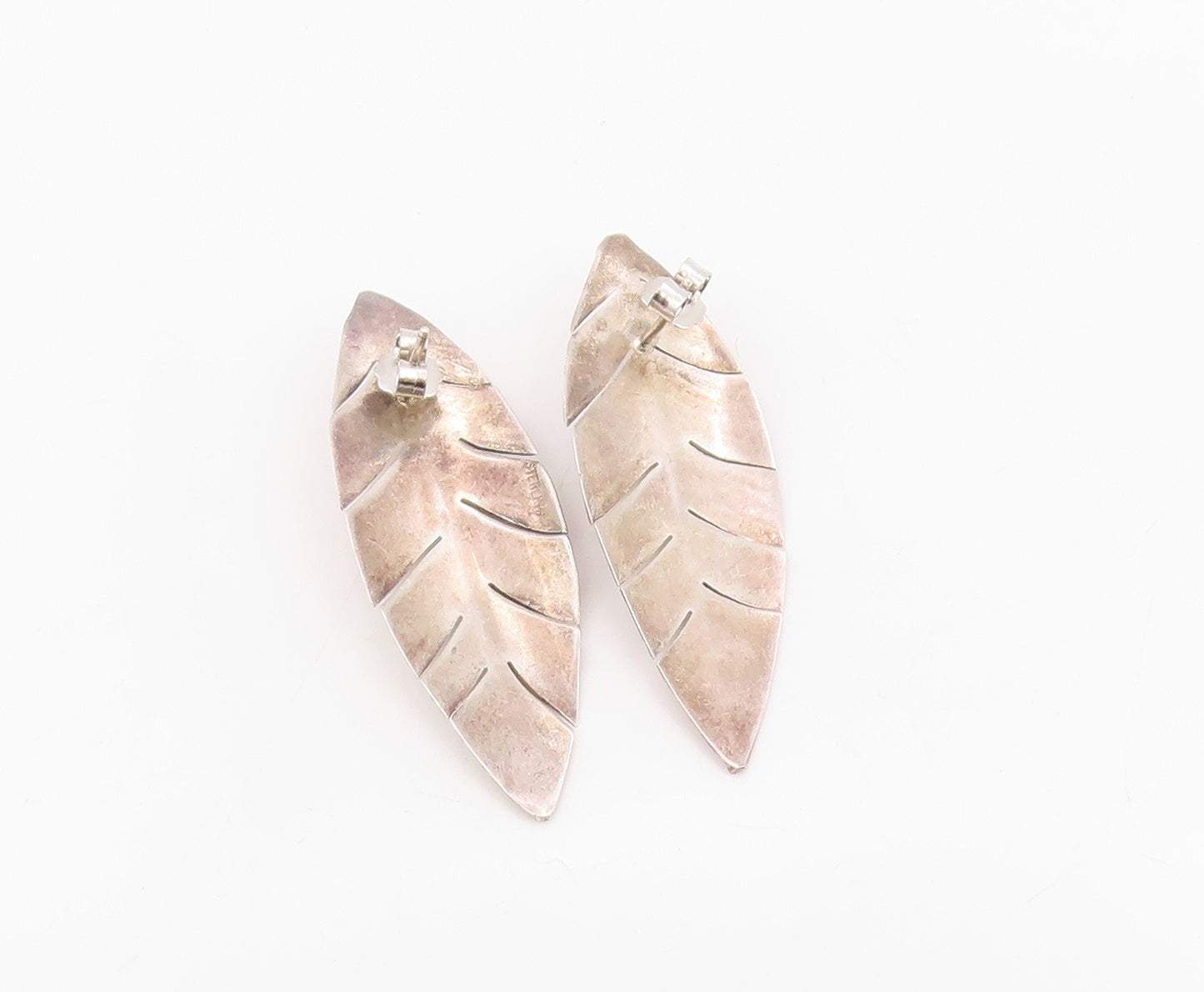 925 Sterling Silver Vintage Earrings Cabochon Carol Etched Feather Drop  EG14008