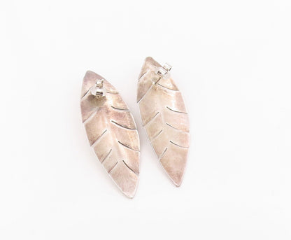925 Sterling Silver Vintage Earrings Cabochon Carol Etched Feather Drop  EG14008