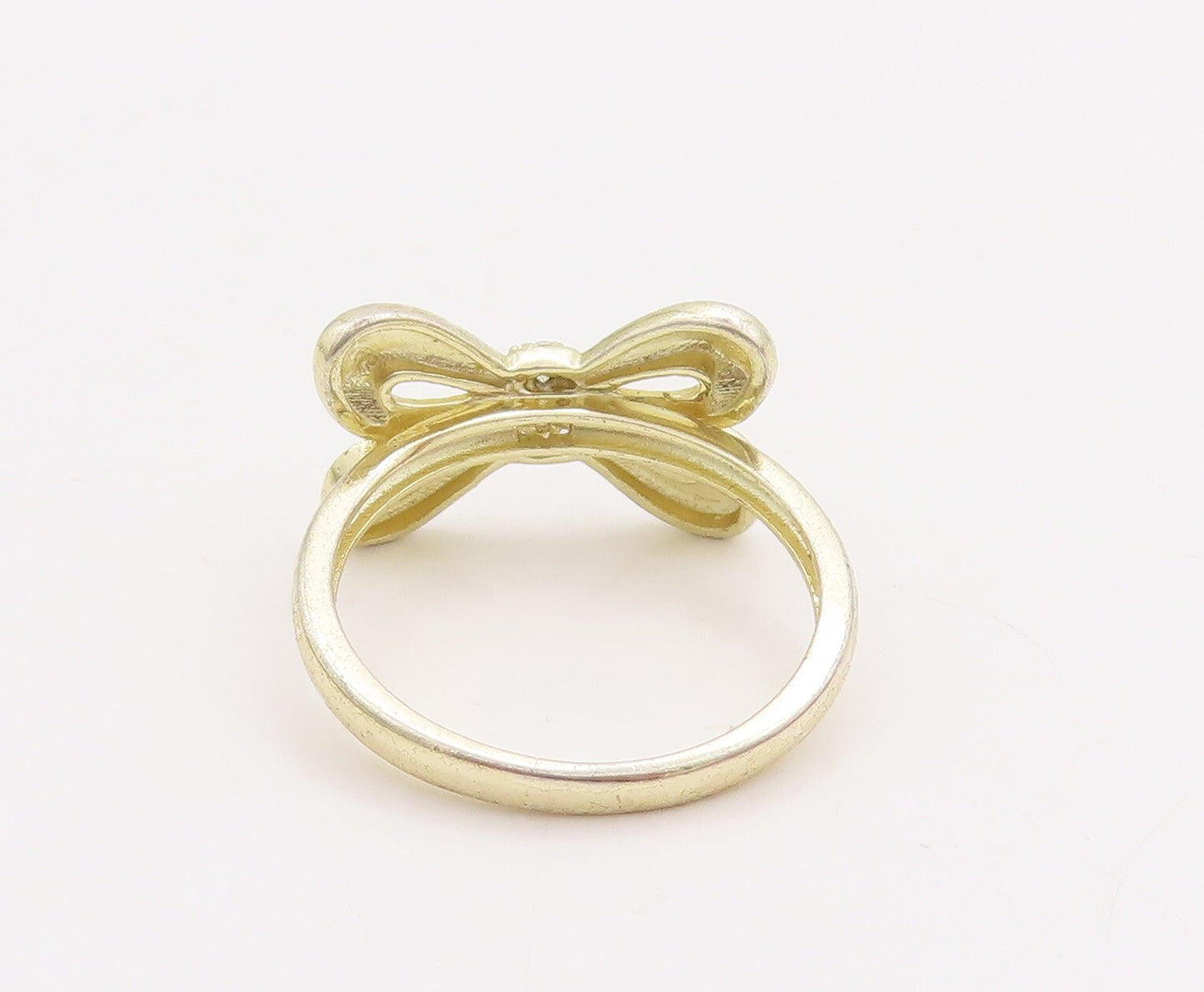 925 Sterling Silver Vintage Ring Gold Plated Cutout CZ Bow  Sz 8  RG28922