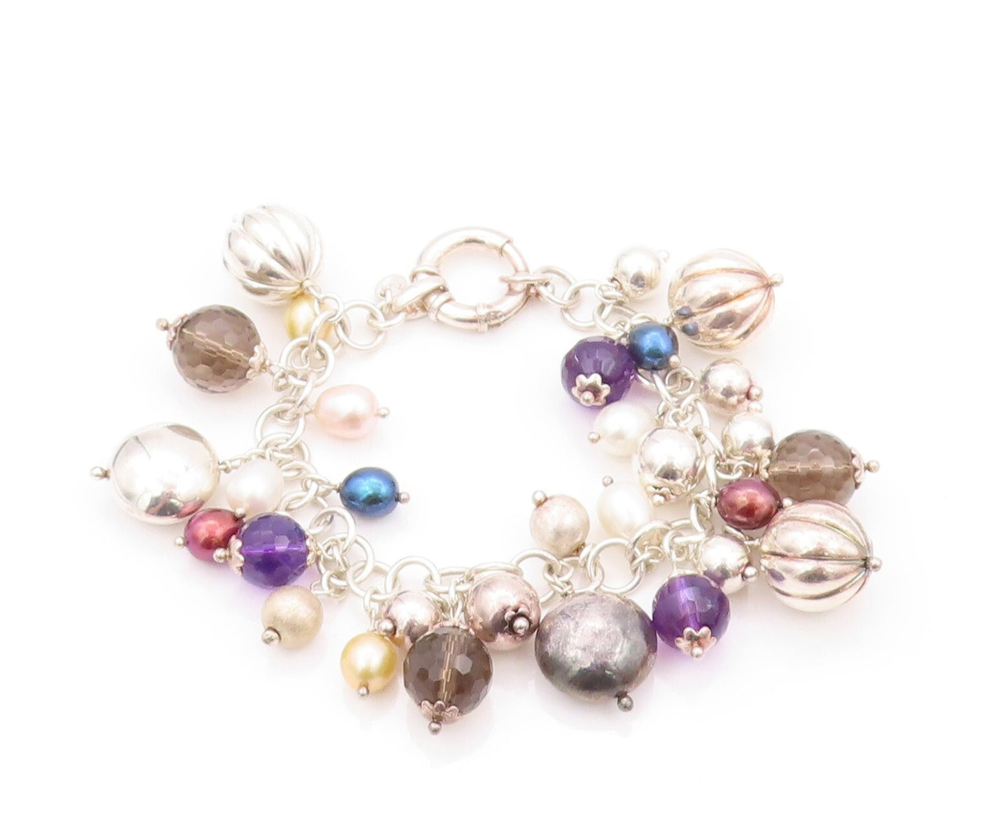 925 Sterling Silver Vintage Bracelet Designer Pearls Amethyst Gemstones  BT11155