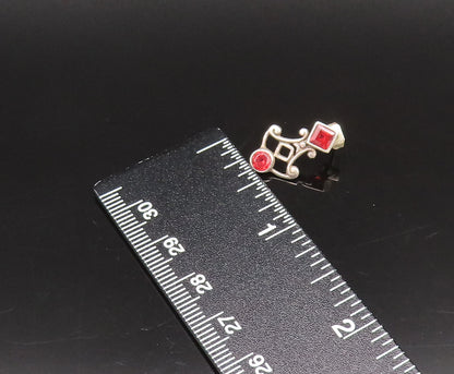 925 Sterling Silver  Vintage Round & Diamond Shaped Red Topaz Earrings EG12280