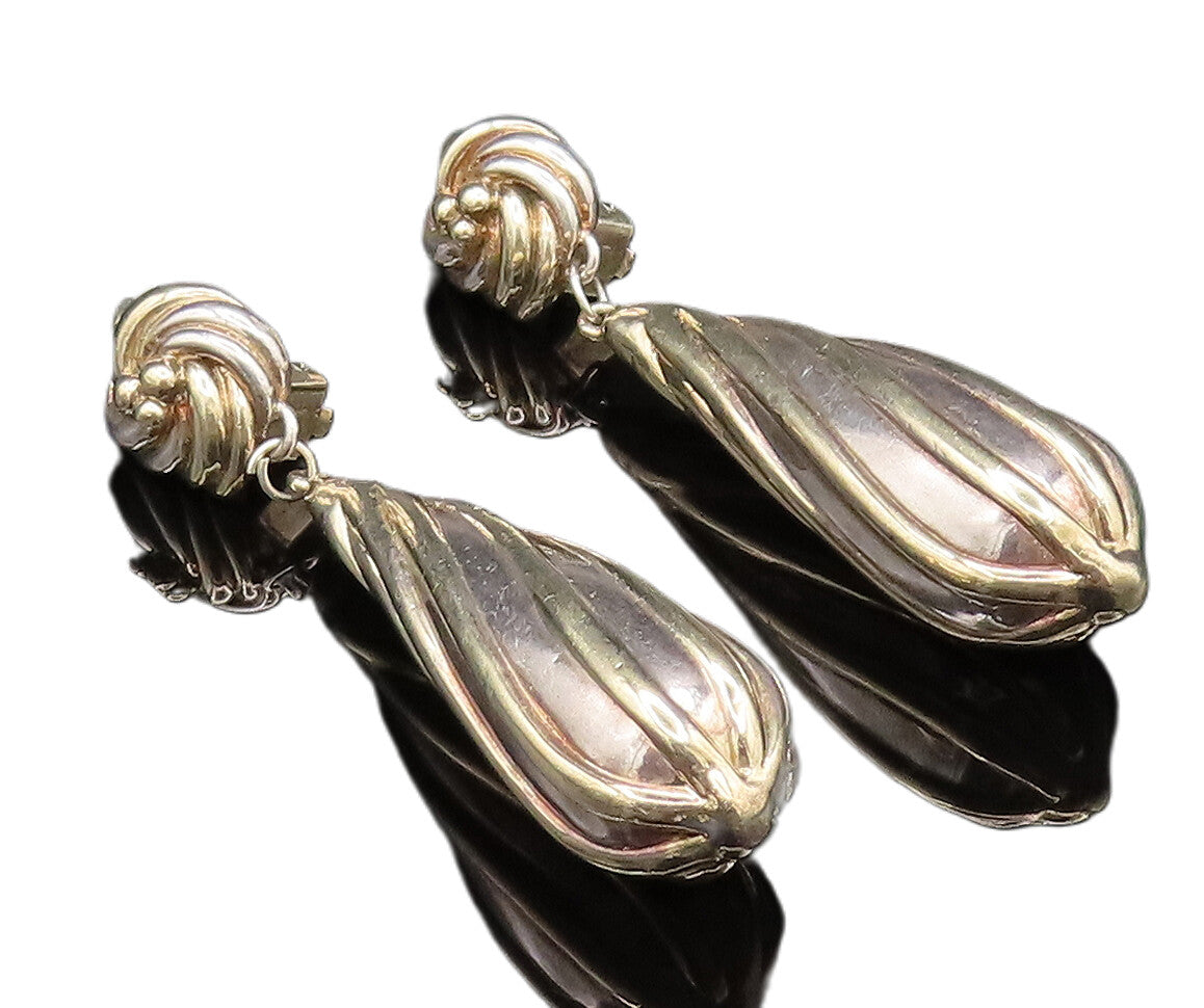 925 Sterling Silver Vintage Love Knot Long Ribbed Non Pierced Earrings EG11985