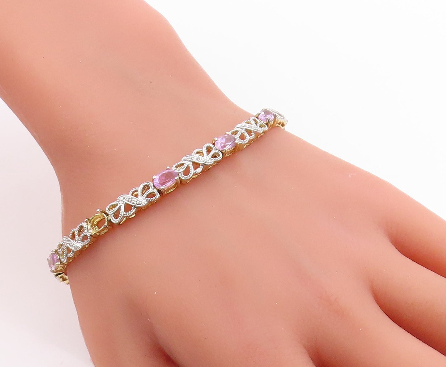 925 Sterling Silver Vintage Bracelet Gold Plated Elegant Amethyst Link  BT12007