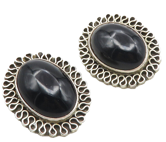 MEXICO 925 Silver  Vintage Cabochon Cut Black Onyx Non Pierce Earrings  EG5272