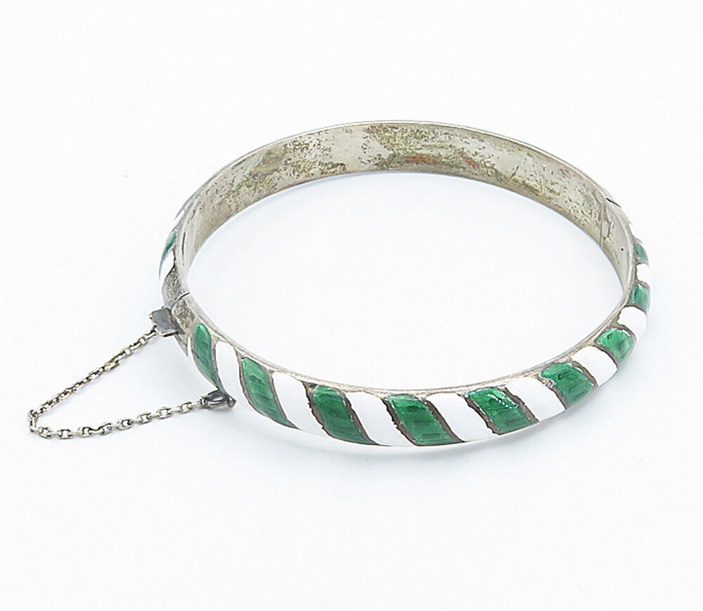 SIAM 925 Silver  Vintage Enamel Striped Pattern Round Bangle Bracelet  BT3415
