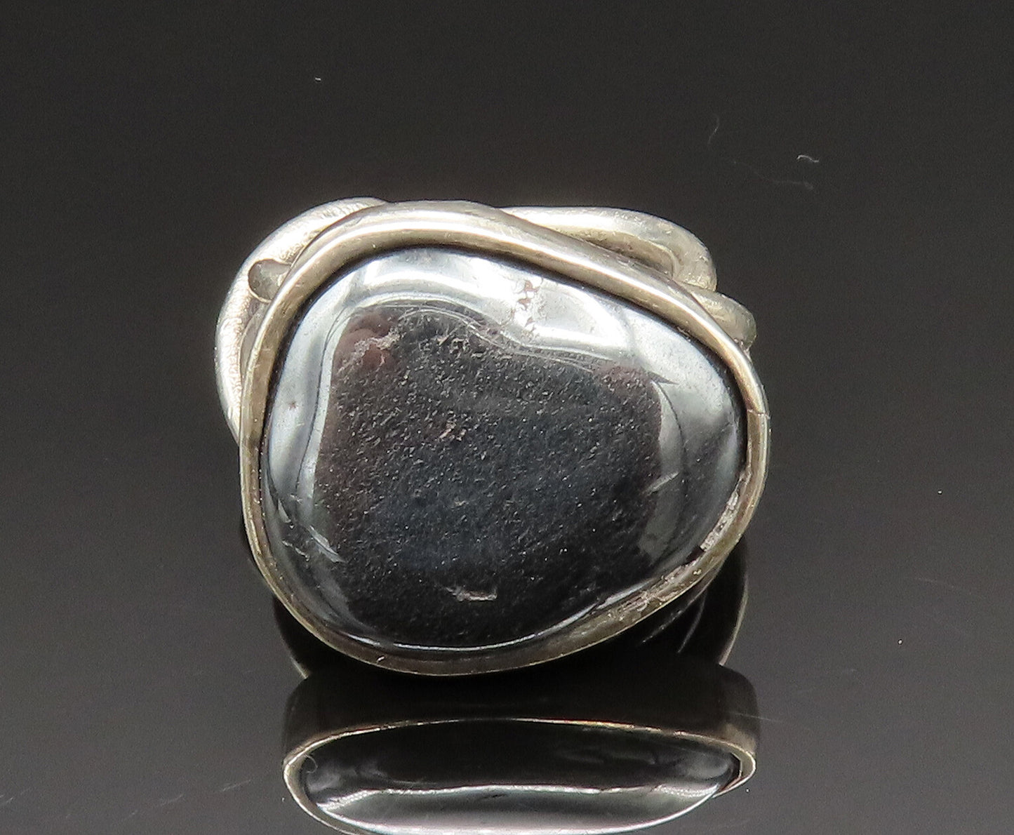 925 Silver  Vintage Hematite Brutalist Crisscross Shank Ring Sz 8  RG24867