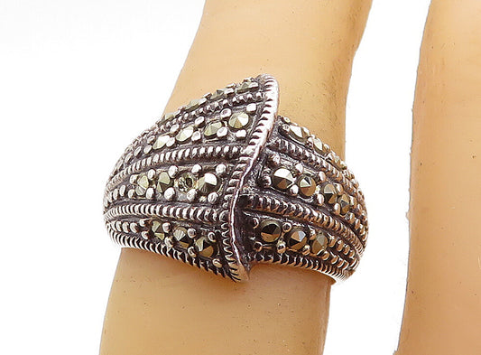 925 Sterling Silver  Vintage Shiny Marcasite Swirl Dome Band Ring Sz 6  RG7248