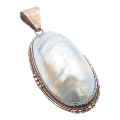 925 Sterling Silver  Vintage Blue Mother Of Pearl Oval Dome Pendant  PT19192