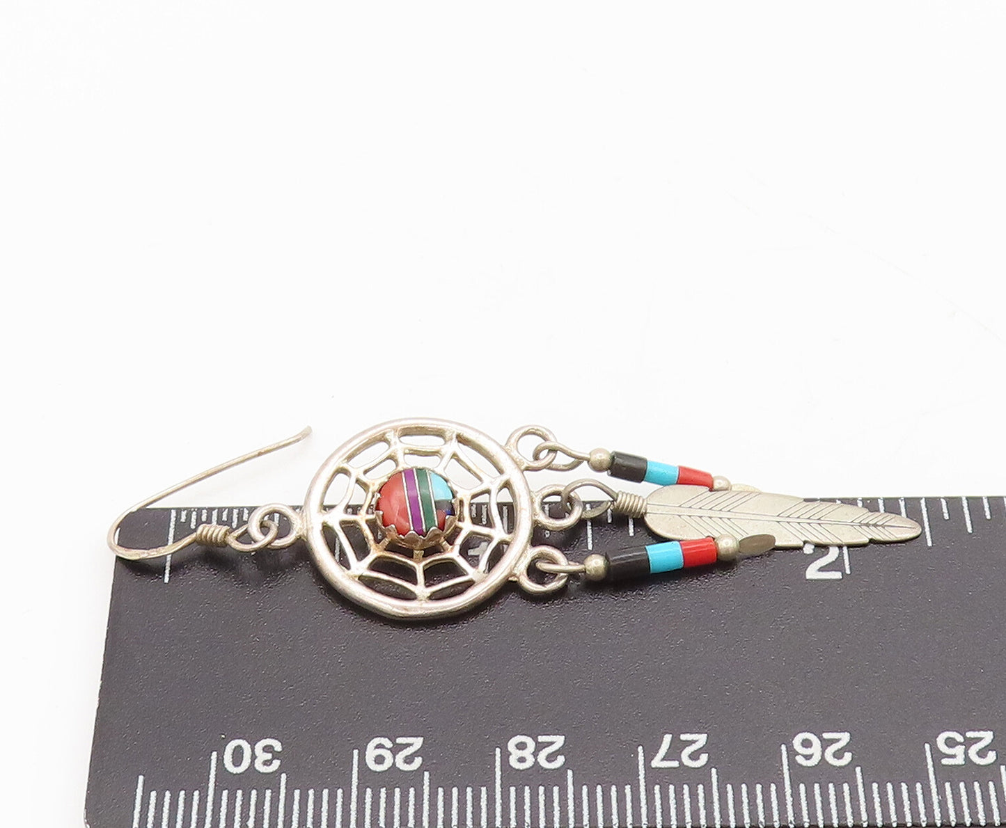 925 Silver Vintage Solid Dangling Multi Stones Dream Catcher Earrings EG12535