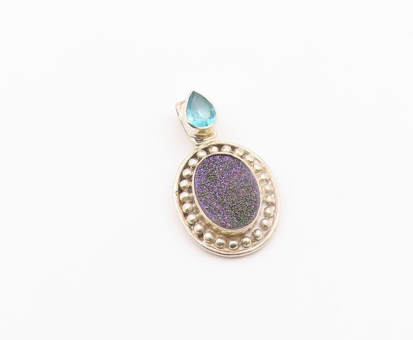 925 Sterling Silver  Vintage Pear Shaped Topaz & Druzy Beaded Pendant  PT20375