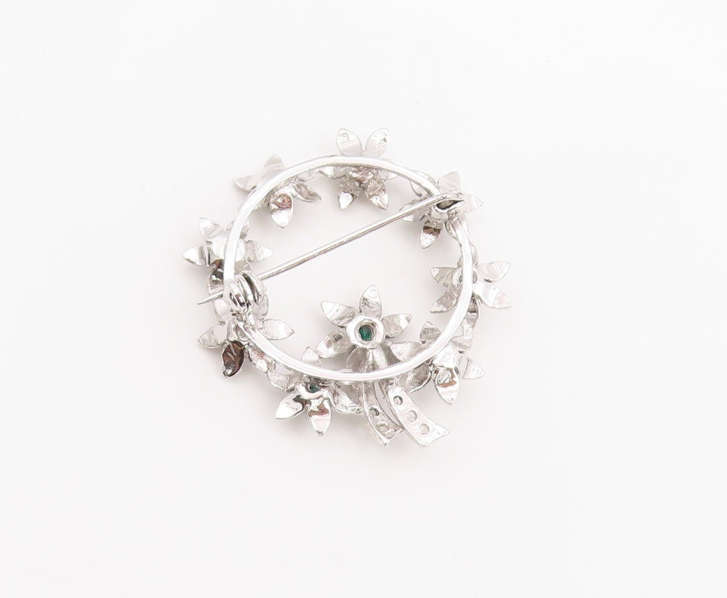 925 Sterling Silver Vintage Brooch Emerald & CZ Floral Garland Design  BP11996