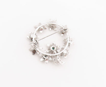 925 Sterling Silver Vintage Brooch Emerald & CZ Floral Garland Design  BP11996