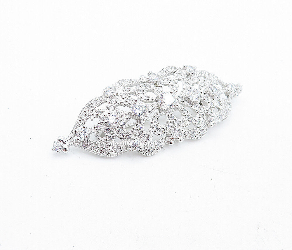 925 Sterling Silver  Victorian Shiny Cubic Zirconia Floral Brooch Pin  BP1951
