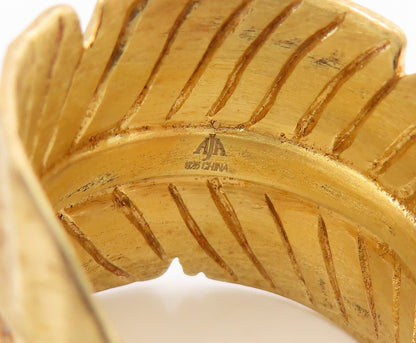 925 Sterling Silver Vintage Ring Gold Plated Carved Foliate Leaf Sz 7 RG34651