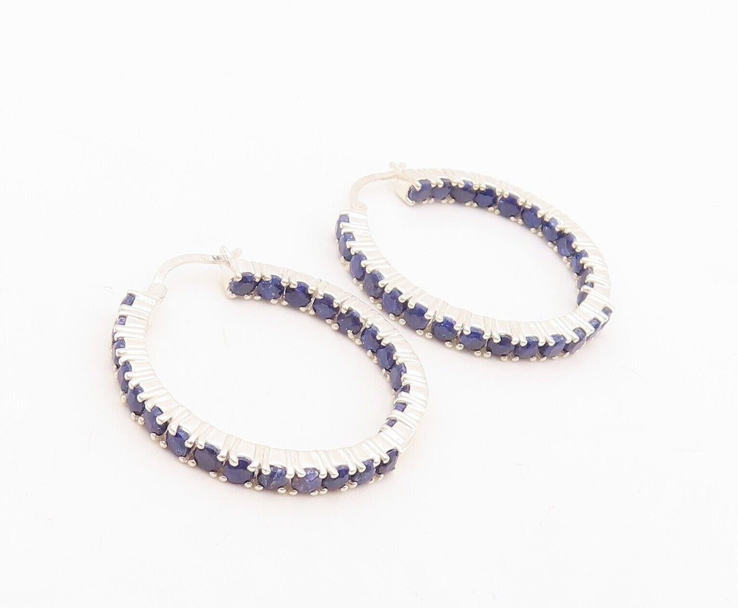 925 Sterling Silver Vintage Earrings Minimalist Sapphire Inlay Hoops  EG13154