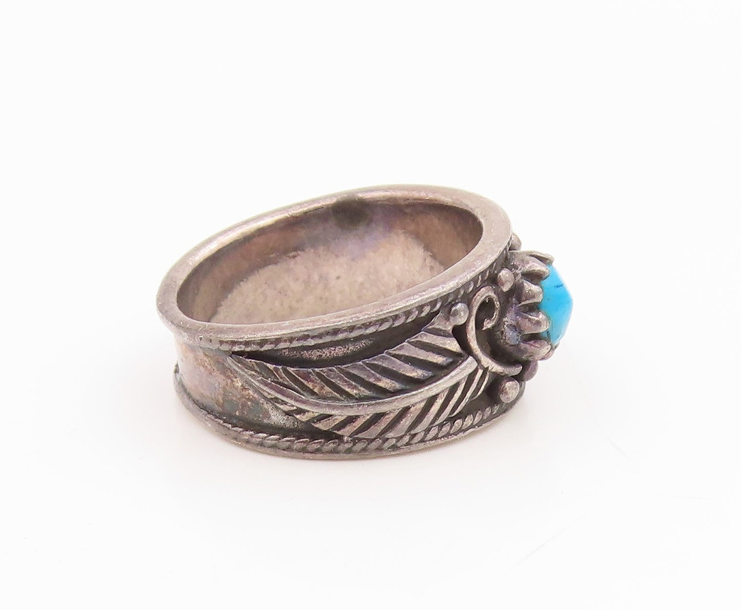 925 Sterling Silver Vintage Ring NAVAJO Turquoise leaf Motif Band  Sz 5  RG35331