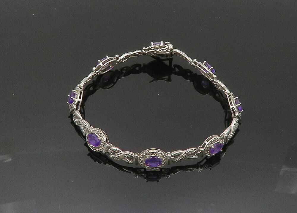 925 Sterling Silver  Vintage Amethyst XO Hinge Link Chain Bracelet  BT8137