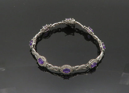 925 Sterling Silver  Vintage Amethyst XO Hinge Link Chain Bracelet  BT8137