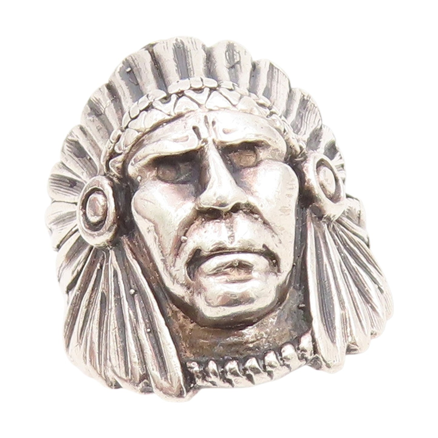 925 Sterling Silver Vintage Ring Carved Tribal Chief Headdress  Sz 8  RG34949