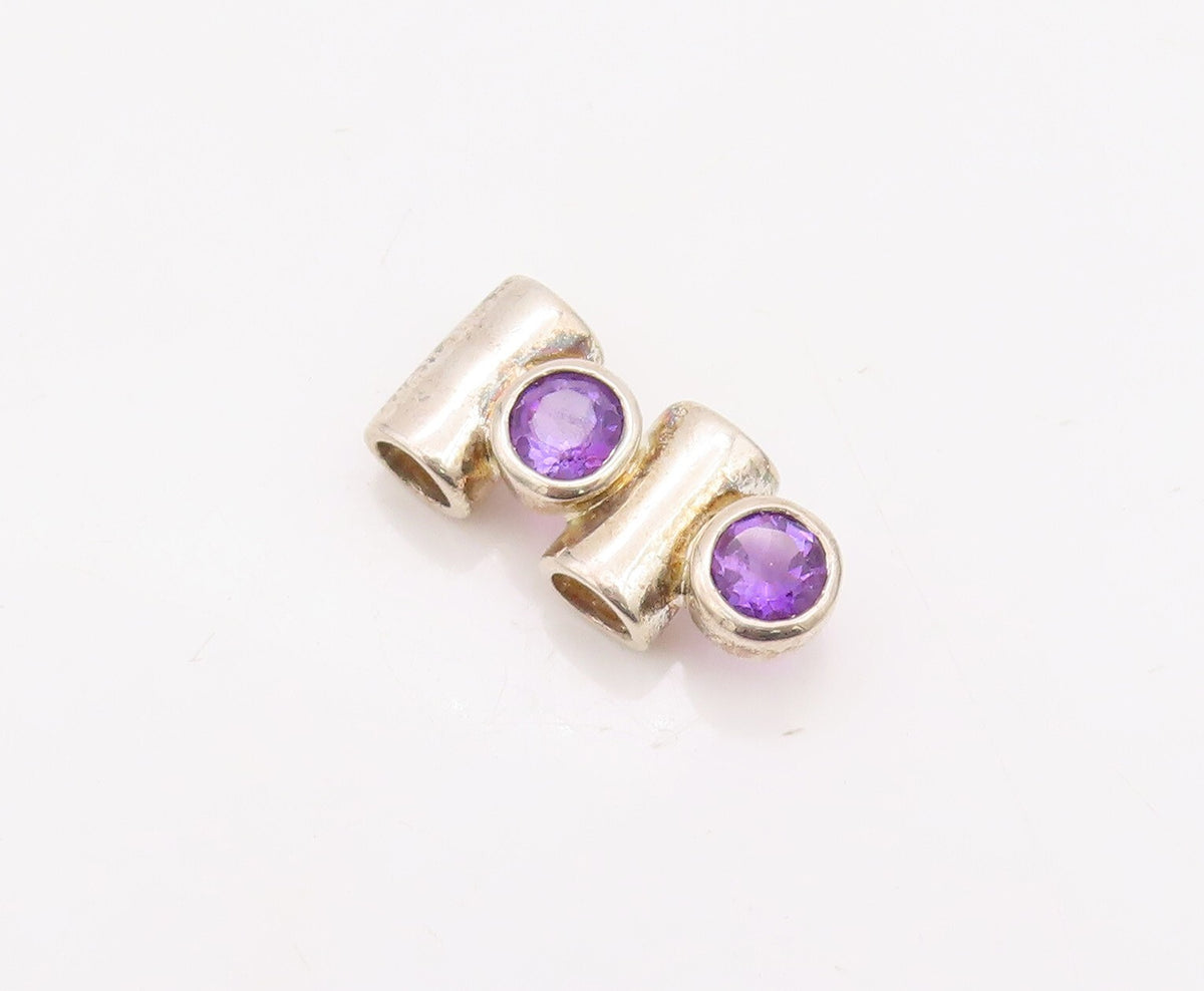 925 Sterling Silver Vintage Pendant Solid Round Cut Amethyst & Cylinders PT23548