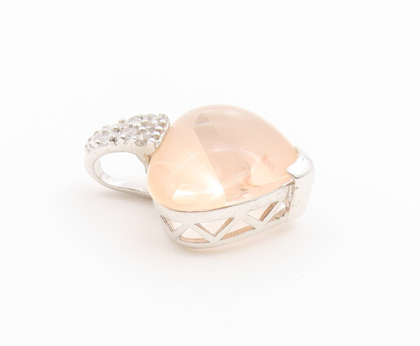 925 Sterling Silver Vintage Pendant Rose Quartz & CZ Love Heart Charm  PT26604