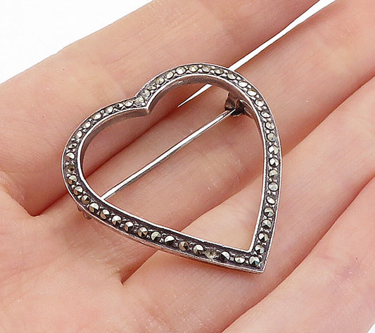 BOMA 925 Sterling Silver  Vintage Marcasite Open Love Heart Brooch Pin  BP2765